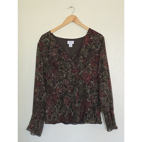 Ann Taylor LOFT Womens Top Blouse Long Bell Sleeve Floral Silk Size 14 Brown - Picture 1 of 10